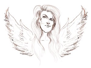 Angela Carter, engelsk forfatter og journalist; karikeret med vinger med henvisning til hendes roman Nights at the Circus (1984) af Neale Osborne